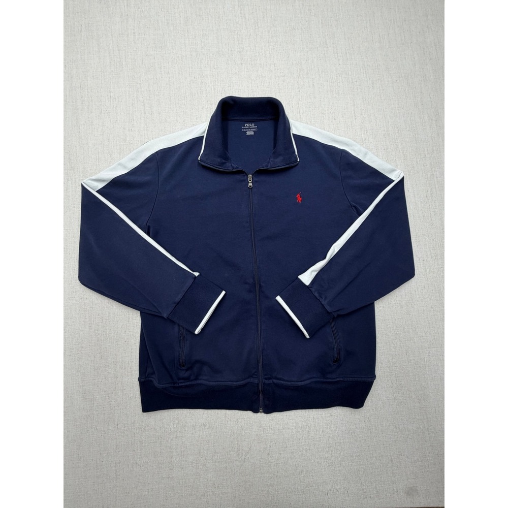 Polo Ralph Lauren Mens XL Track Jacket Navy Blue White Stripe Full Zip Pony Logo